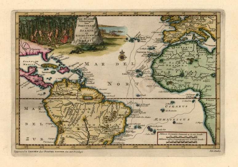 Mapa das duas viagens do alemão Hans Staden ao Brasil: em um dos percursos, ele aproveitou a Corrente Sul Equatorial para navegar do Golfo da Guiné até a costa brasileira