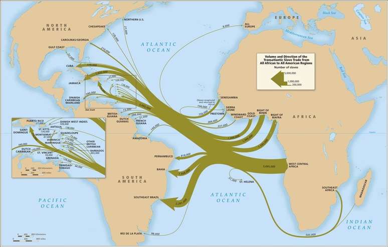 Mapa mostra o volume de pessoas escravizadas transportados da África até as Américas: Brasil recebeu 4,8 milhões de africanos