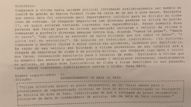 Parte do B.O. registrado pelo gestor do Santos (Gazeta Esportiva)