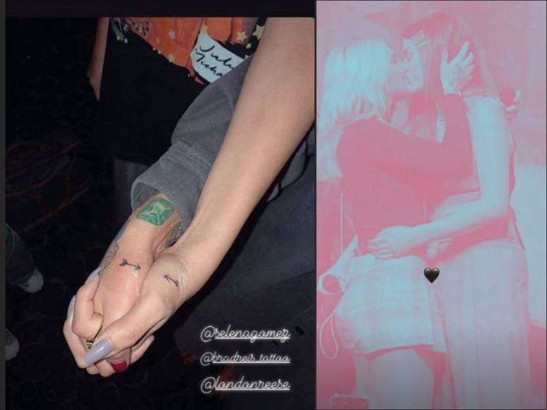 A primeira foto foi compartilhada por Julia Michaels no Instagram; a segunda imagem, em que ela e Selena aparecem se beijando, foi publicada nos stories de ambas