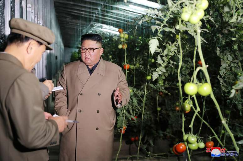 Líder norte-coreano, Kim Jong Un, durante visita a fazenda de vegetais em Kyongsong
18/10/2019 KCNA via REUTERS