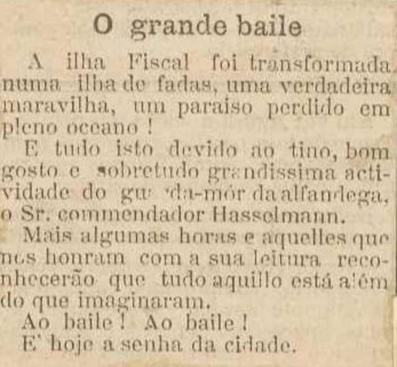 Recorte de jornal sobre baile da Ilha Fiscal