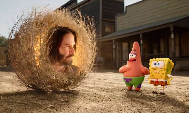 Keanu Reeves em cena do trailer de novo filme de Bob Esponja.