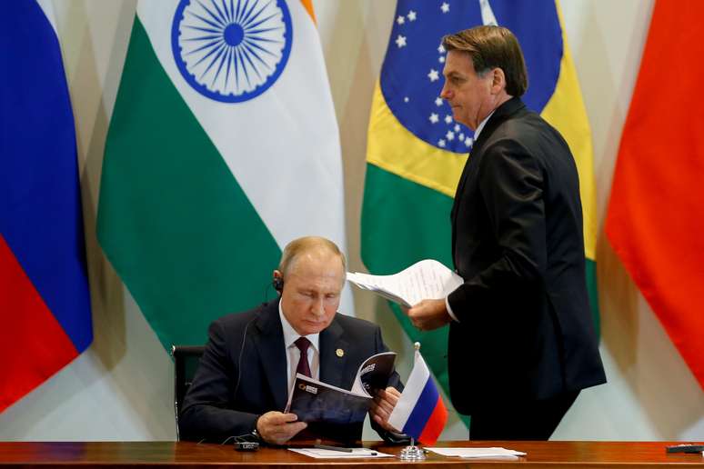 Presidentes Jair Bolsonaro e Vladimir Putin, da Rússia, durante reunião da cúpula dos Brics
14/11/2019
REUTERS/Adriano Machado