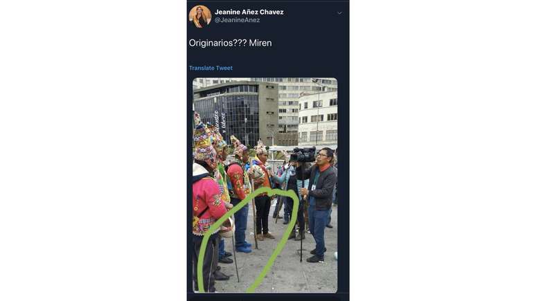 "Originários? Vejam", escreveu a atual presidente interina da Bolívia em publicação apagada no Twitter