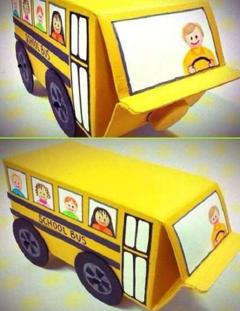 51. Artesanato com caixa de leite forma um ônibus escolar. Fonte: Revista Artesanato