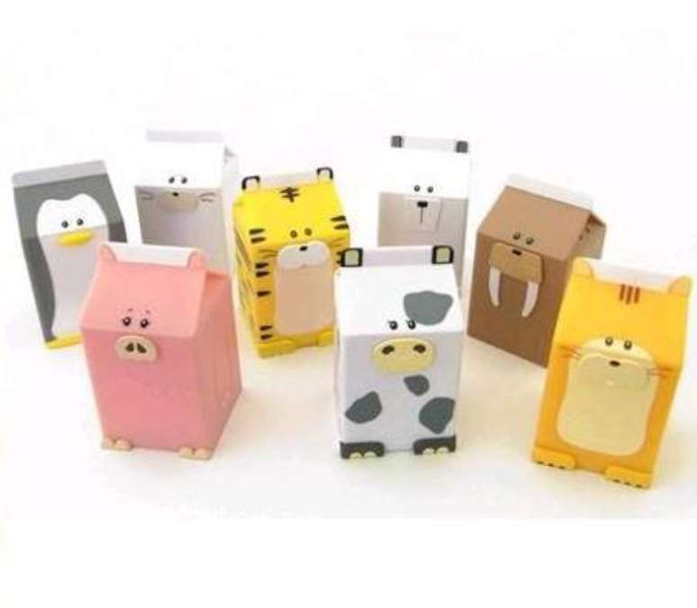 11. Animais fofinhos feitos com caixas de leite reutilizadas para brincadeiras. Fonte: Pinterest
