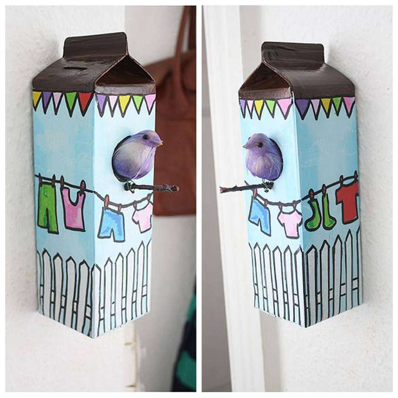 16. Cofrinho que imita casinha de passarinho feito com artesanato com caixa de leite reciclada. Fonte: Pinterest