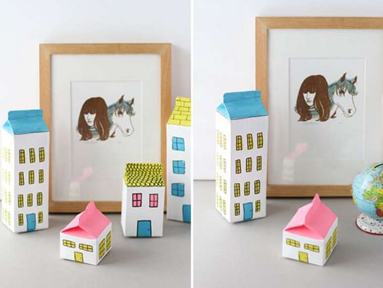 95. Utilize caixa de leite para formar casas e prédios. Fonte: Pinterest