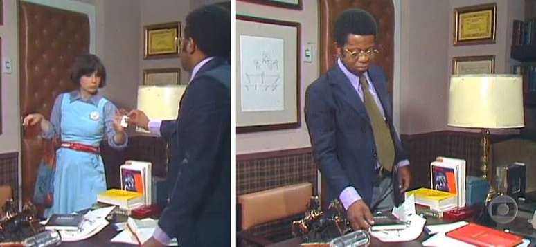 Milton Gon&ccedil;alves em cena de 'Pecado Capital' como o psiquiatra Percival, ao lado de Vilma (D&eacute;bora Duarte), filha ca&ccedil;ula de Salviano (Lima Duarte), sua paciente que apresentava sintomas de esquizofrenia. &nbsp;