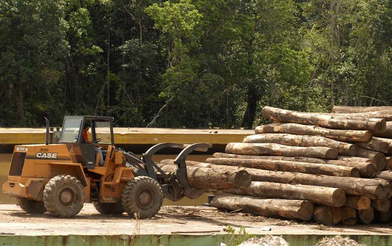 Trator carrega troncos de árvores cortados de maneira ilegal na Amazônia