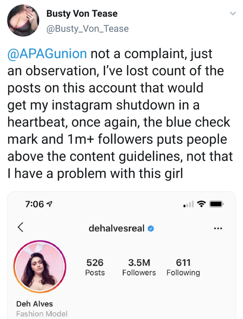 Post da artista de conte&uacute;do adulto Busty von Tease, na qual reclaman de um post expl&iacute;cito de uma modelo