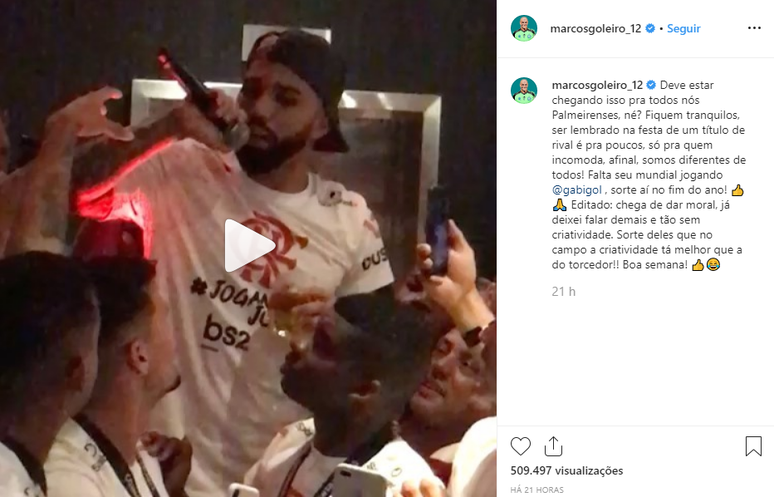 Marcos criticou o flamenguista pelas provocações ao Palmeiras (Foto: Reprodução/Instagram)