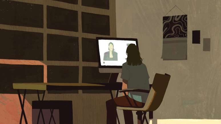 Ilustração de 'Casey' olhando para uma imagem do seu computador de Teal Swan
