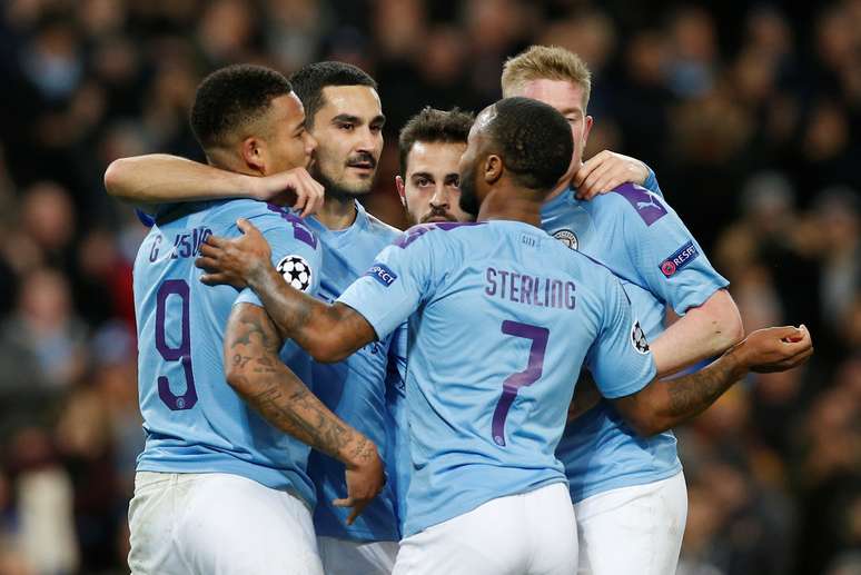 Jogadores do Manchester City comemoram gol marcado contra o Shakhtar Donetsk pela Liga dos Campe&otilde;es
26/11/2019 REUTERS/Andrew Yates
