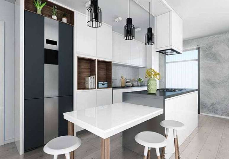 61. Decoração em preto e branco para cozinha com ilha pequena e cooktop – Foto: Behance