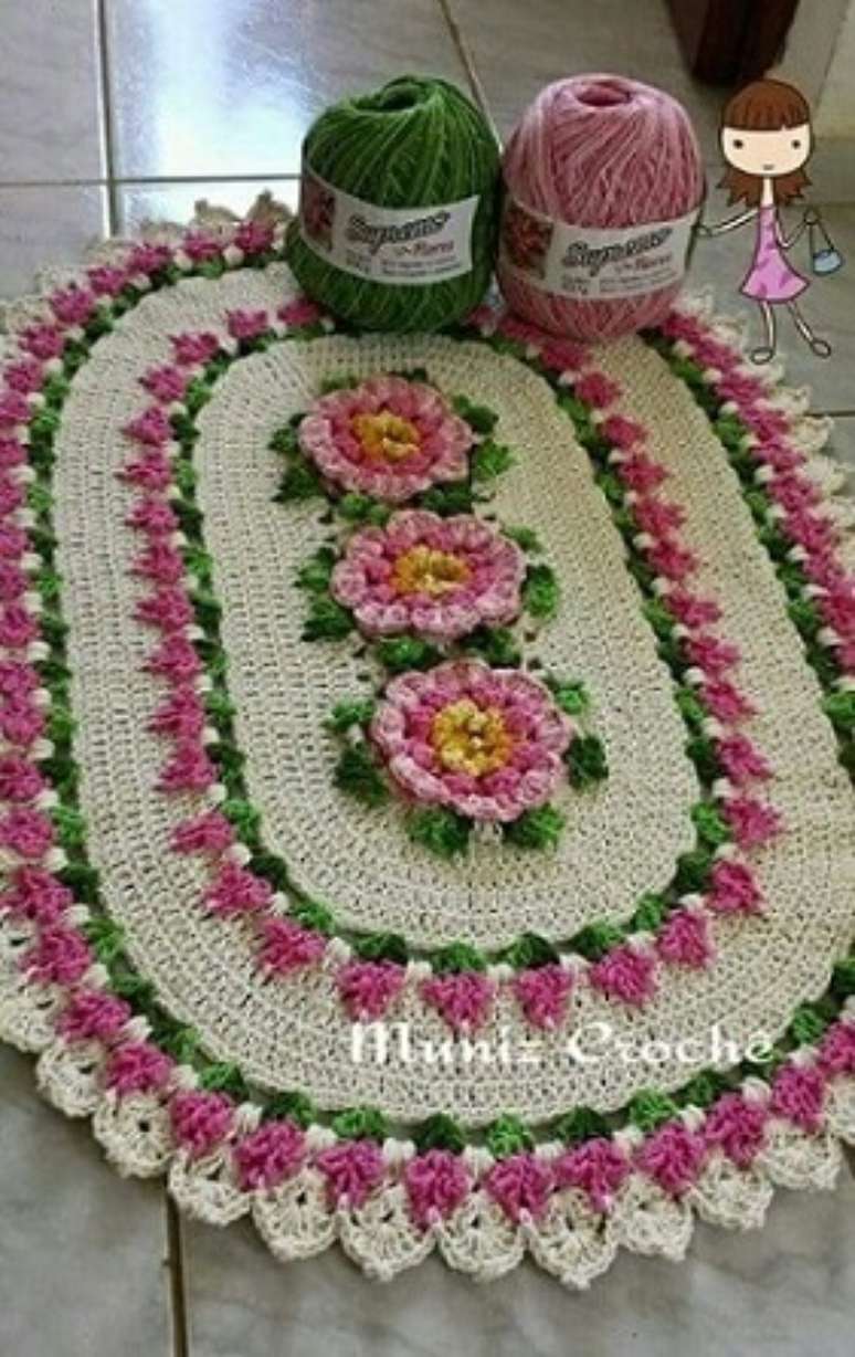 20. Os tons de rosa são muito usados nos tapetes de crochê com flores. Fonte: Pinterest