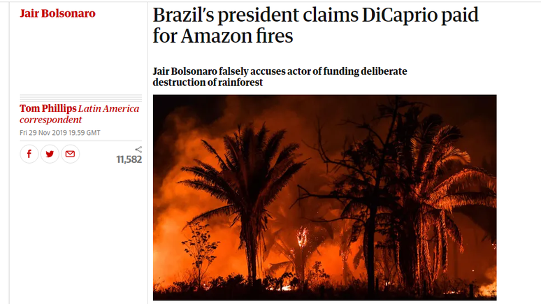 Jornal The Guardian diz que Bolsonaro acusou DiCaprio 'falsamente' de destruir floresta brasileira.