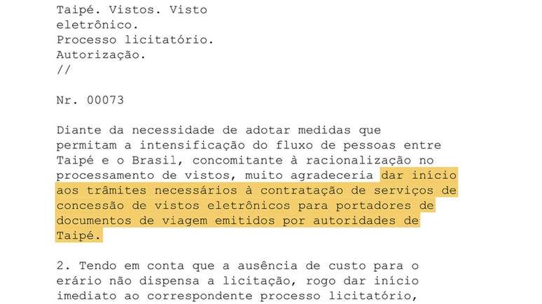 Telegrama diplomático aponta que Itamaraty prioriza implementar visto eletrônico para passaportes emitidos pelo governo de Taiwan