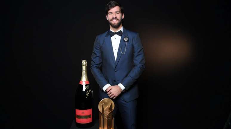 Alisson com o prêmio desta segunda (Foto: Divulgação / @francefootball)