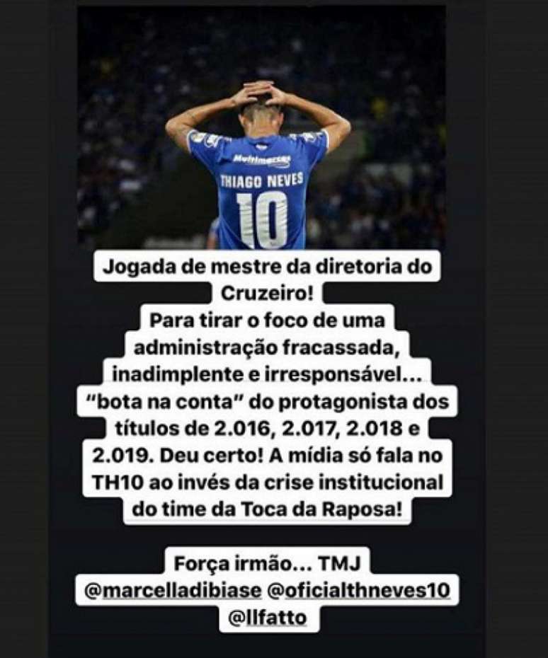 O emrpesário de Thiago acusou a diretoria de usar o jogador para desviar a atenção dos problemas do clube- (Reprodução)