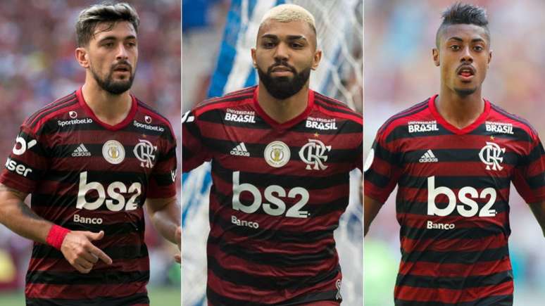 Arrascaeta, Gabigol e Bruno Henrique disputam prêmio com Everton Cebolinha (Foto: Alexandre Vidal/Flamengo)