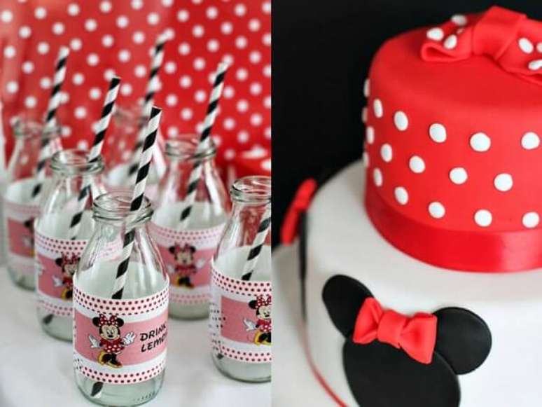 33 – Garrafas de vidro e bolo decorado para festa da Minnie vermelha. Fonte: Construindo Decor