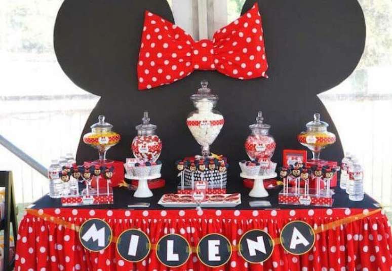 69 – Para decoração de festa da Minnie vermelha utilize painel em formato do rosto da personagem. Fonte: Mil Dicas de Mãe