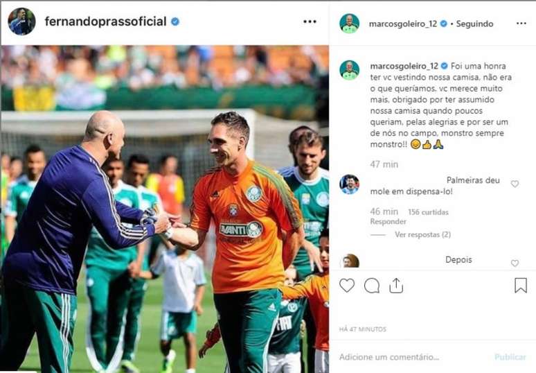 Marcos postou no Instagram um agradecimento a Fernando Prass (Foto: Reprodução)