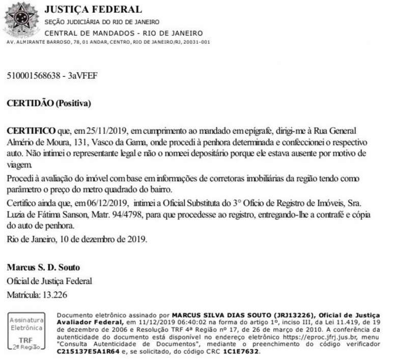 Oficial de Justiça certificou nesta quarta a penhora de SJ neste processo que totaliza cerca de R$ 12 mi (Reprodução)