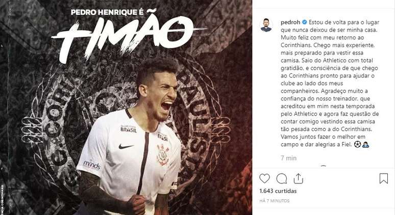 Pedro Henrique tem 24 anos e contrato com o Corinthians até o fim de 2021 (Reprodução Instagram)