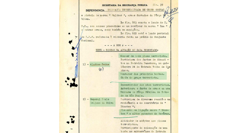 Documentos armazenados no Superior Tribunal Militar mostram a investigação policial sobre a participação de militares em atentados à bomba [Destaques em verde feitos pela BBC]