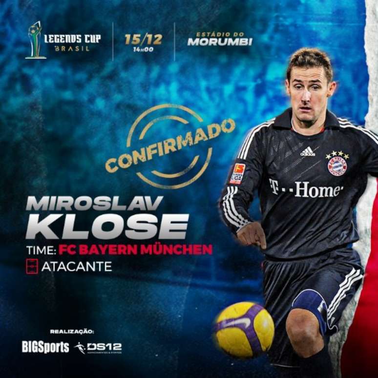 Miroslav Klose é uma das atrações da Legends Cup, que vai reunir ex-jogadores em torneio no Morumbi (Divulgação)