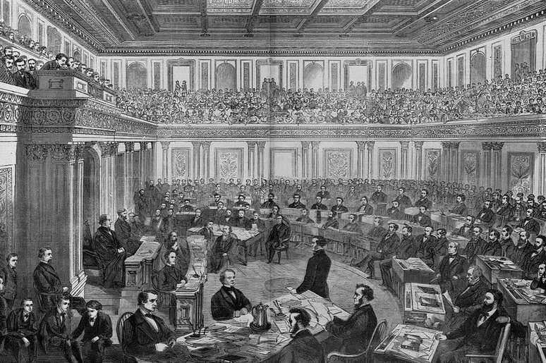 Gravura mostra julgamento do impeachment de Andrew Johnson no Senado