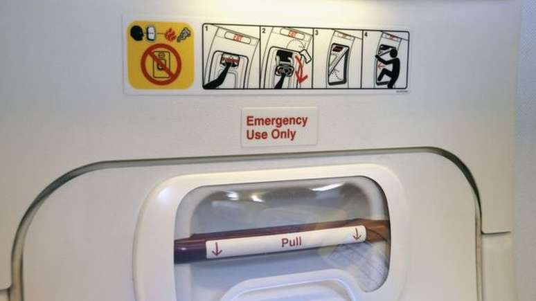 Usar apenas em caso de emerg&ecirc;ncia, diz o aviso em porta do avi&atilde;o