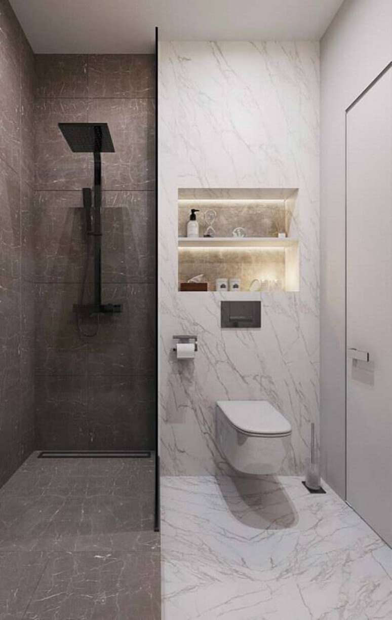 16. Banheiro moderno decorado com m&aacute;rmore branco fora da &aacute;rea do box &ndash; Foto: Pinterest