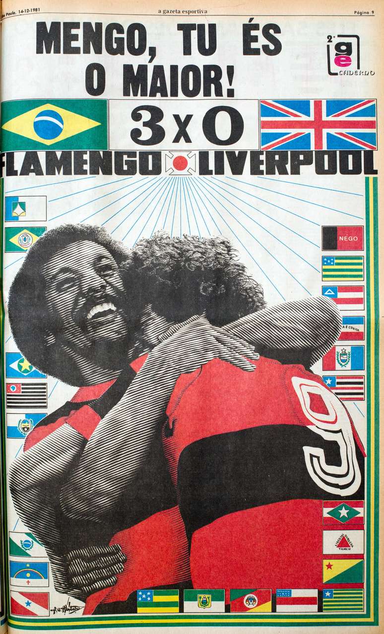 Reprodução do jornal'A Gazeta Esportiva' do dia 14 de dezembro de 1981, que traz o título: "Mengo, tu és o maior!"