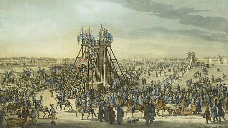 Pintura do artista Benjamin Paterssen retrata Catarina, a Grande, visitando montanha de gelo em S&atilde;o Petersburgo em 1788