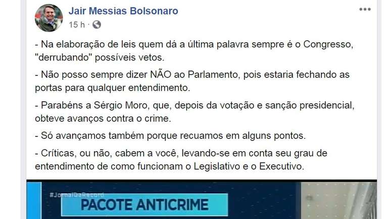 Post no Facebook de Bolsonaro