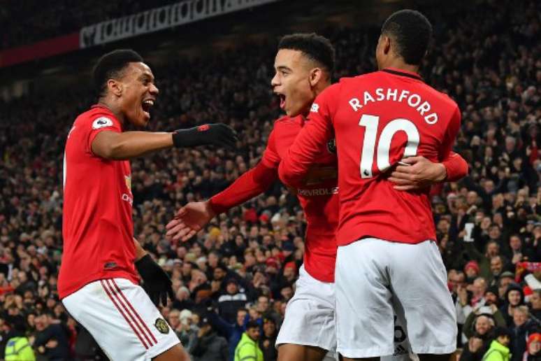 Martial, Greenwood e Rashford marcaram para o United nesta quinta (Foto: PAUL ELLIS / AFP)