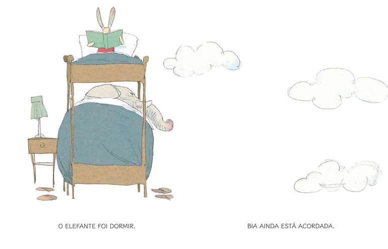 'Bia e o Elefante' brinca com os opostos; a coelha &eacute; r&aacute;pida, leve e gosta de dormir tarde, enquanto o Elefante &eacute; lento, pesado e vai cedo para a cama