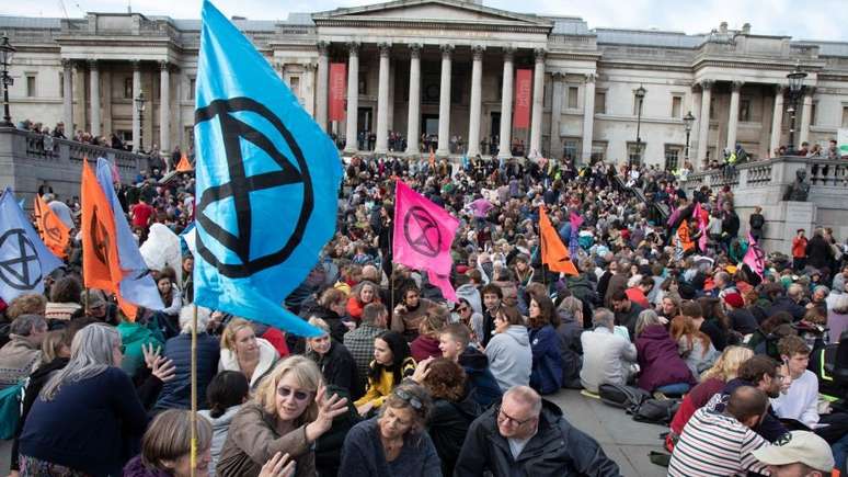 Protesto do Extinction Rebellion em praça de Londres neste ano