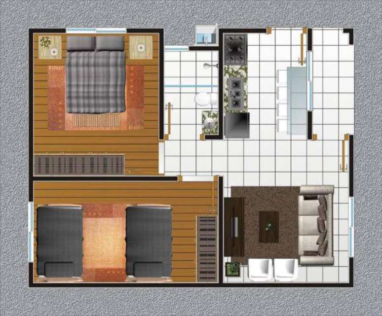 8. Plantas de casas simples com dois quartos e cozinha integrada com a sala – Por: Construindo Decor