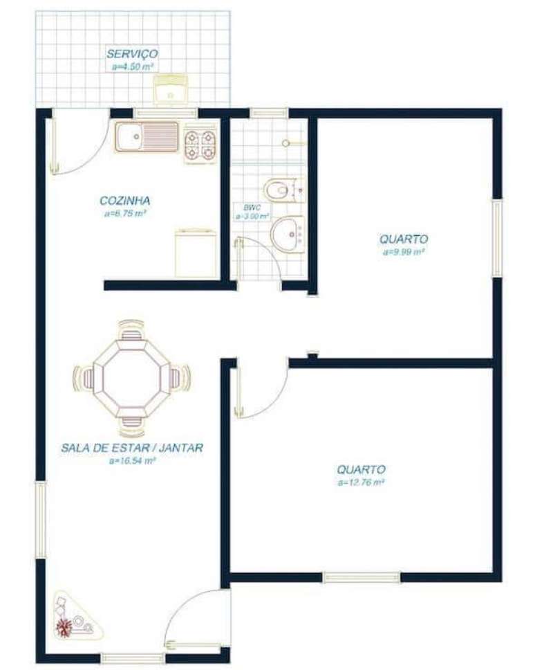 Planta de casa 3d com 3 quartos e cozinha americana 