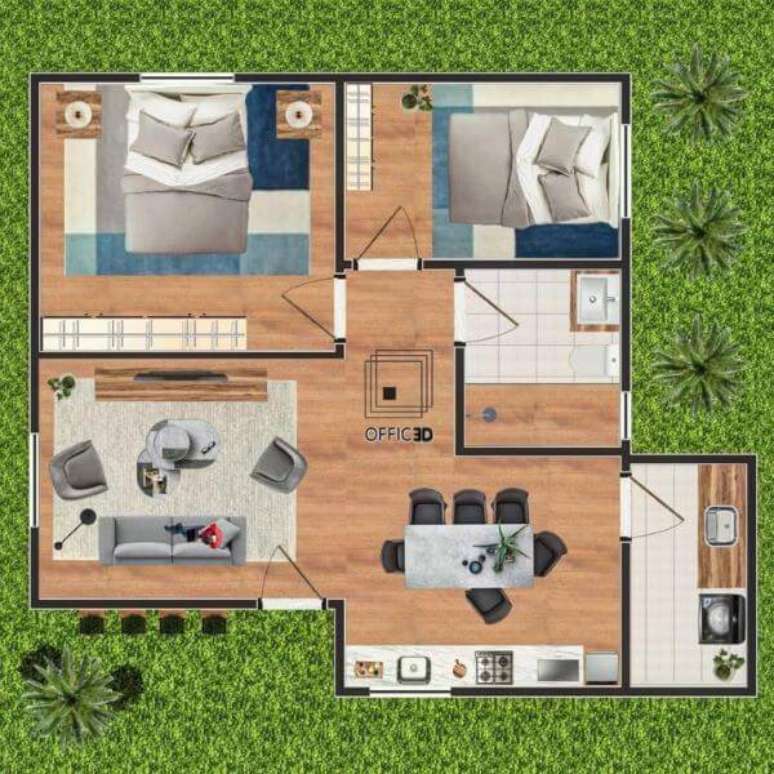 4. Plantas de casas simples e pequenas com 2 cômodos – Por: Office 3D