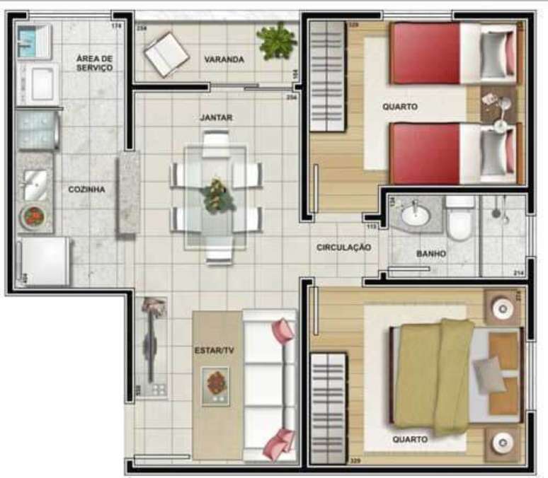 21. Plantas de casas simples com 2 quartos e cozinha americana – Por: Casa e Construção