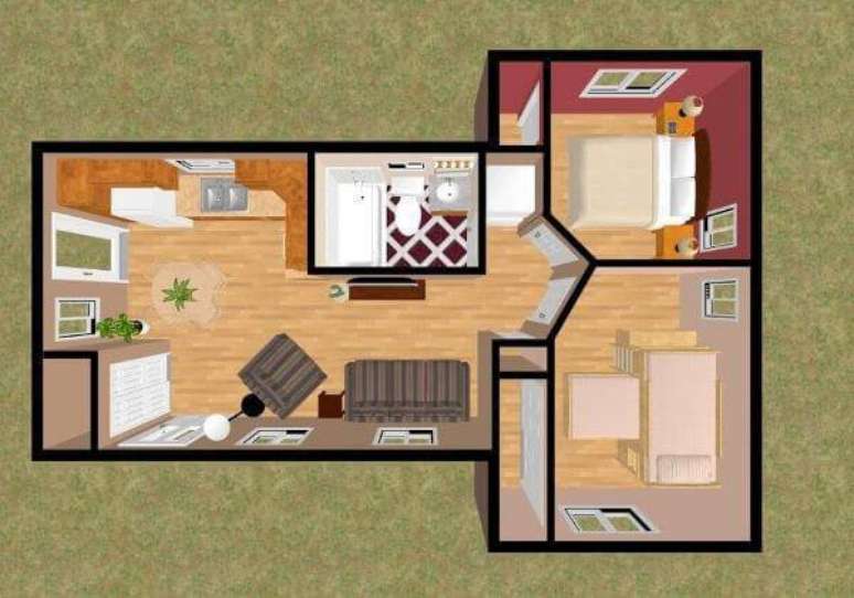 38. Plantas de casas simples e pequena com dois quartos e cozinha integrada com a sala – Por: Pinterest
