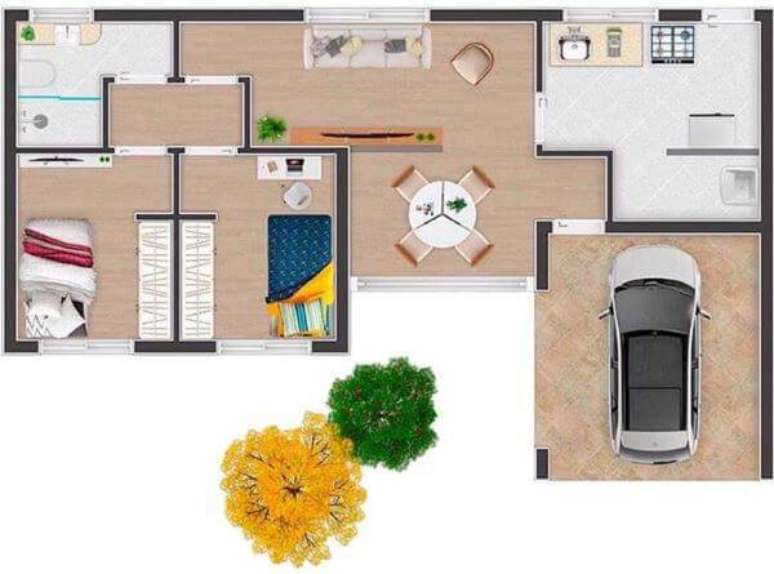 56. Plantas de casas simples com dois quartos, sala, cozinha e garagem – Por: Humanize Plantas