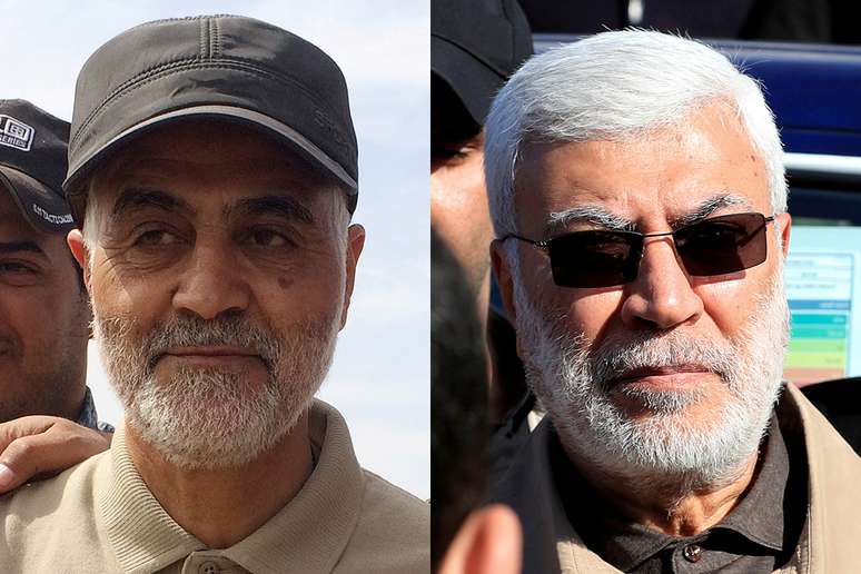 Comandante da força iraniana de elite Quds, Qassem Soleimani, e chefe de milícia iraquiana Abu Mahdi al-Muhandis, que foram mortos em ataque dos EUA
REUTERS/Stringer/Thaier al-Sudani