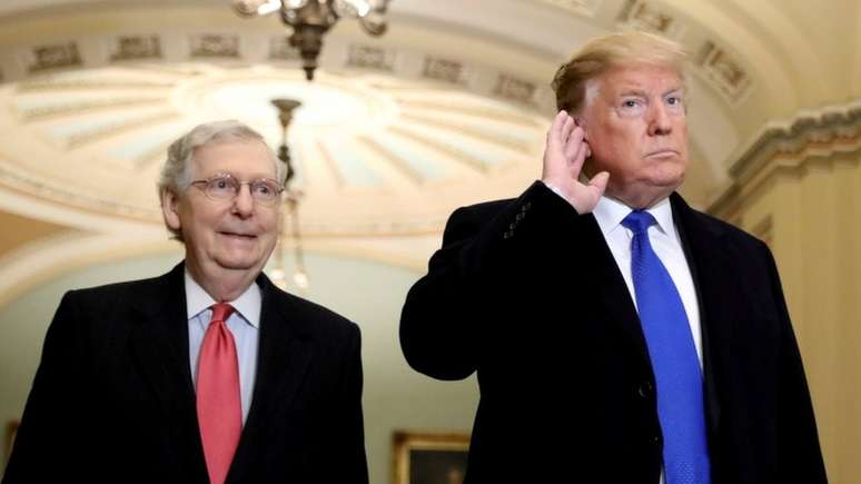 Trump ao lado do líder republicano no Senado, Mitch McConnell, nesta segunda-feira; ele prometeu reagir caso o Irã ataque alvos americanos